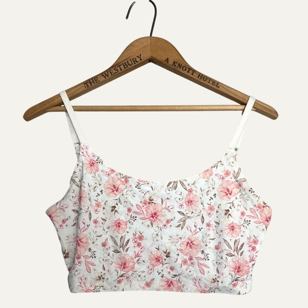 Laura Ashley Floral Bralette Crop Top XL Pink White Lace Back Adjustable Straps